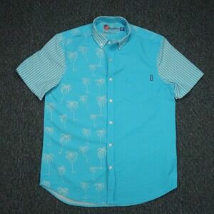 Chubbies Shirt Mens Medium Blue White Short‎ Sleeve Seersucker Palm Tree